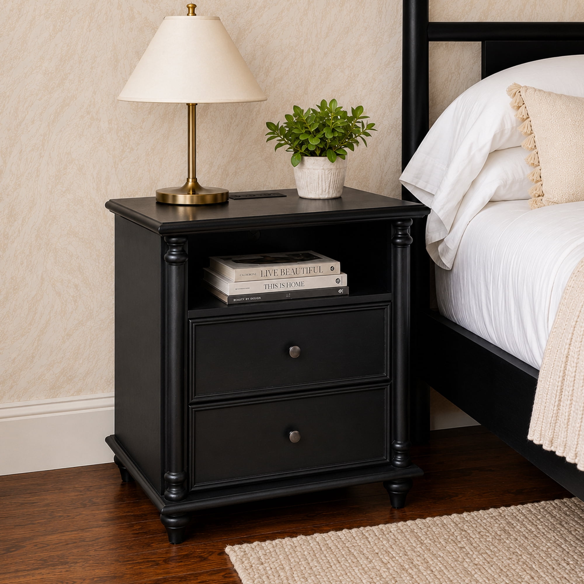 Nightstand 28-Inch with Built-in Charging Station and Solid Wood Legs, Bedside Table and End Table with USB Ports and Outlets for Bedroom, Black