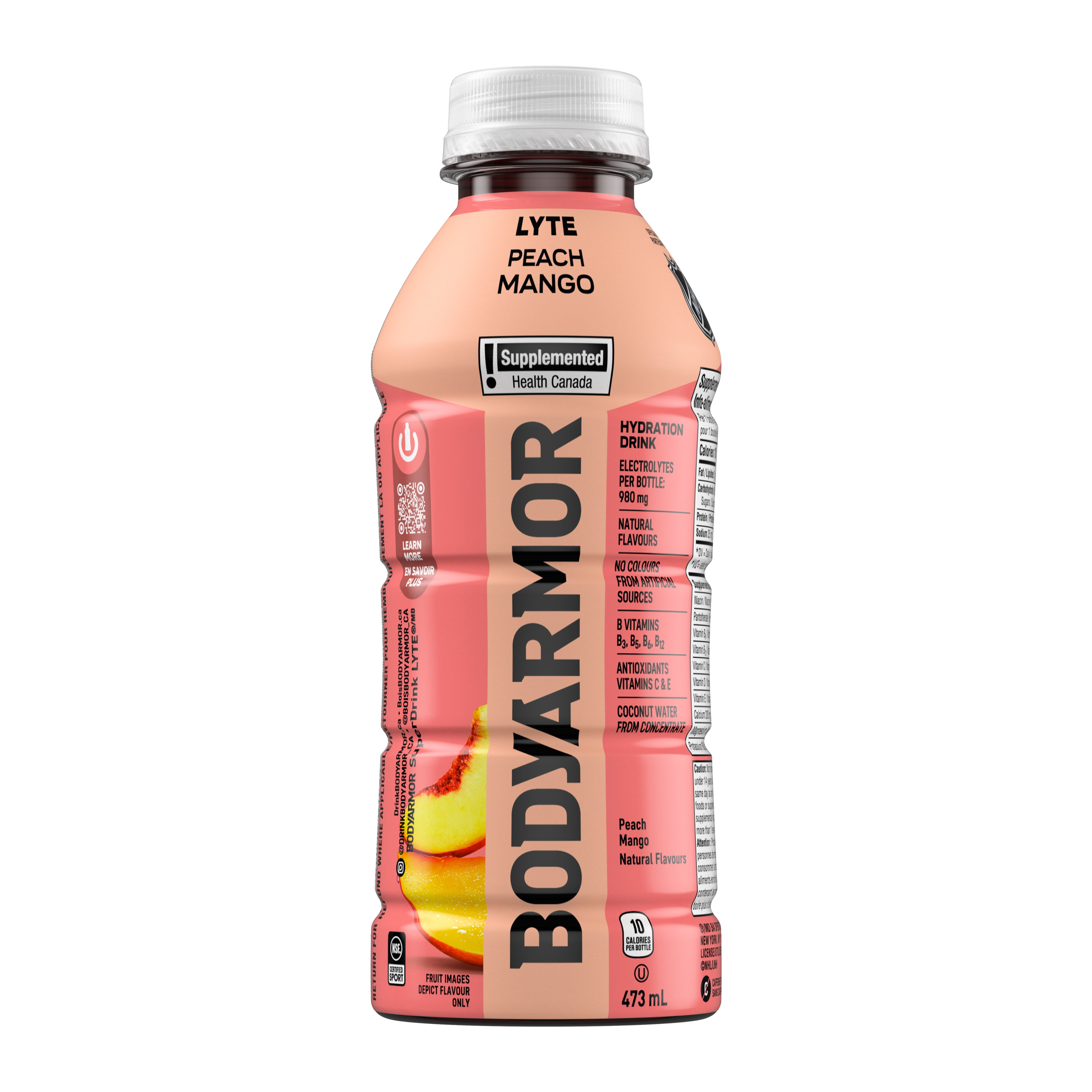 BodyArmor Lyte Peach Mango Bottle, 473 mL, BODYARMOR LYTE has all the same nutrients as BODYARMOR Sports Drink but has no sugar added and only 20 calories per bottle, providing the same superior hydration, as BODYARMOR.