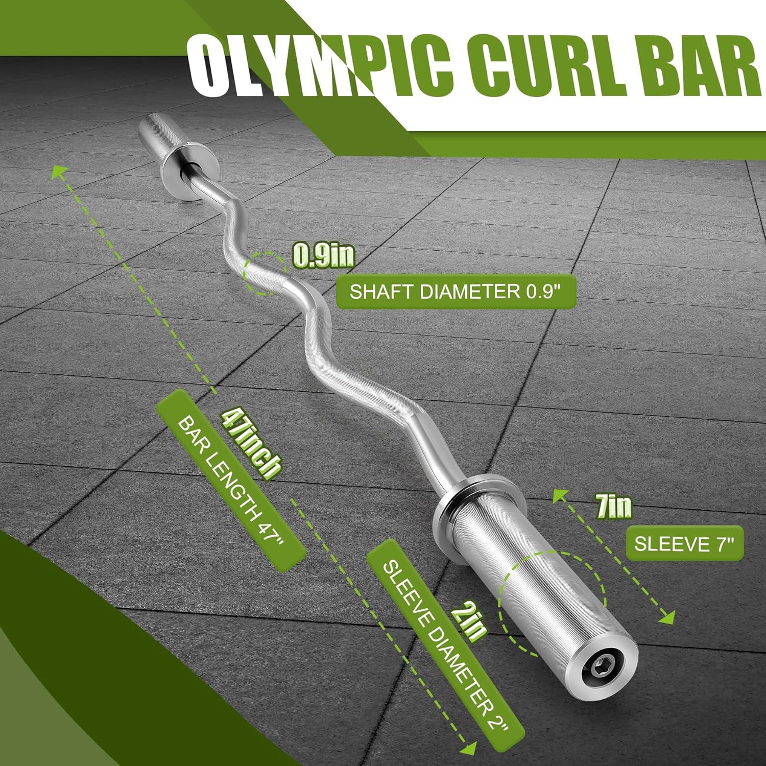 ARVAKOR 47" Olympic EZ Curl Barbell Bar, 2-Inch Curl Bar for Weight Lifting, Hip Thrusts, Squat, Biceps-Home Gym Weight Bar, Silver