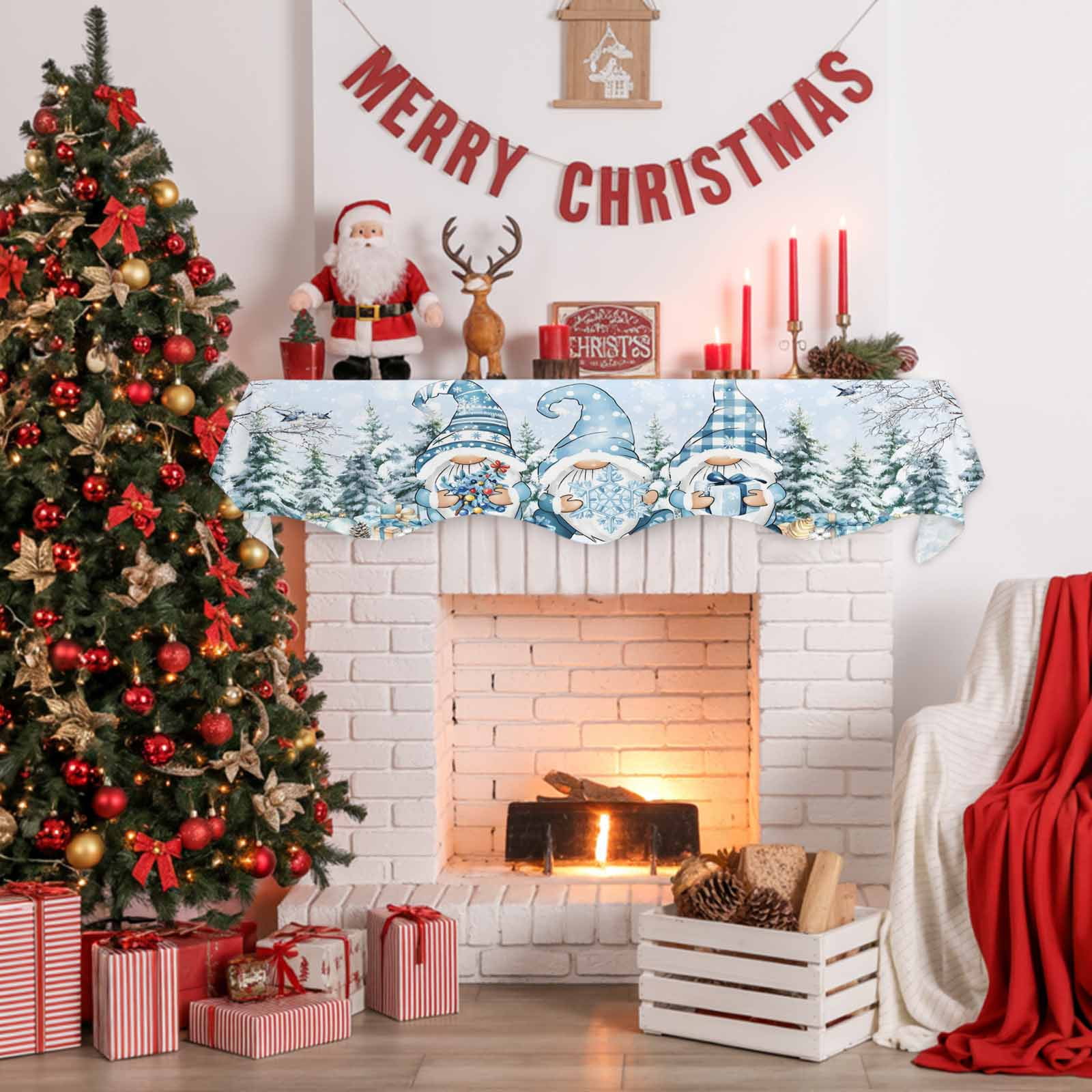 Christmas Blue Dwarf Fireplace Mantle Scarf Winter Snowing Pine Tree Branches Xmas Mantel Cover Runner Fireplace Cloth for Holiday Party Home Living Room Decor 70 x 17 Inch