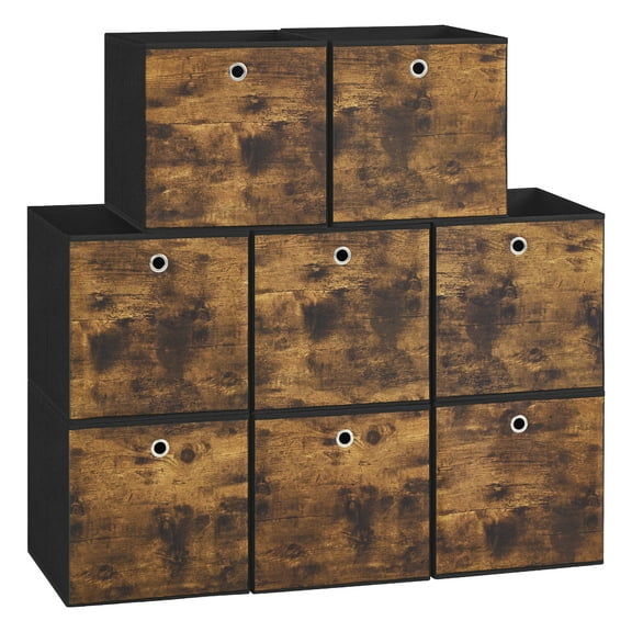 Set of 8 Fabric Storage Cubes, 13x13x13 Inch Foldable Organizer Bins with Handles for Cube Shelves, Rustic Brown and Black