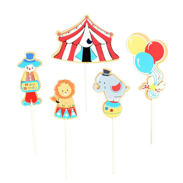 FRCOLOR Clown Cake Pick 5pcs Circus Clown Balloons Pattern Cake Topper Funny Acrobatics Dessert Insert Fruit Picks Cupcake Decor for Festival Party Gathering,6.3"X4.72"X0.04"