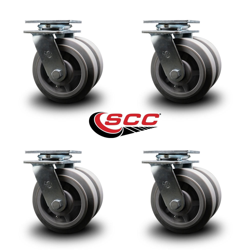 6 Inch Dual Thermoplastic Rubber Wheels Swivel Caster Set with Roller Bearings