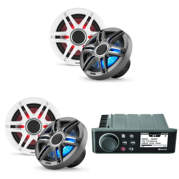 Fusion MS-RA70 Source Unit w/ ( 2 Pair ) Clarion CMSP-651RGB-SWG Premium 6.5-inch Coaxial Marine Speakers with built-in RGB illumination ( Includes White & Gray Sport Grilles)