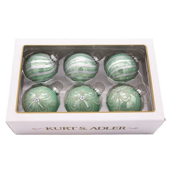 Kurt Adler Embellished Glass Ball Ornaments, Silver/Pale Aqua (6-Piece Box)