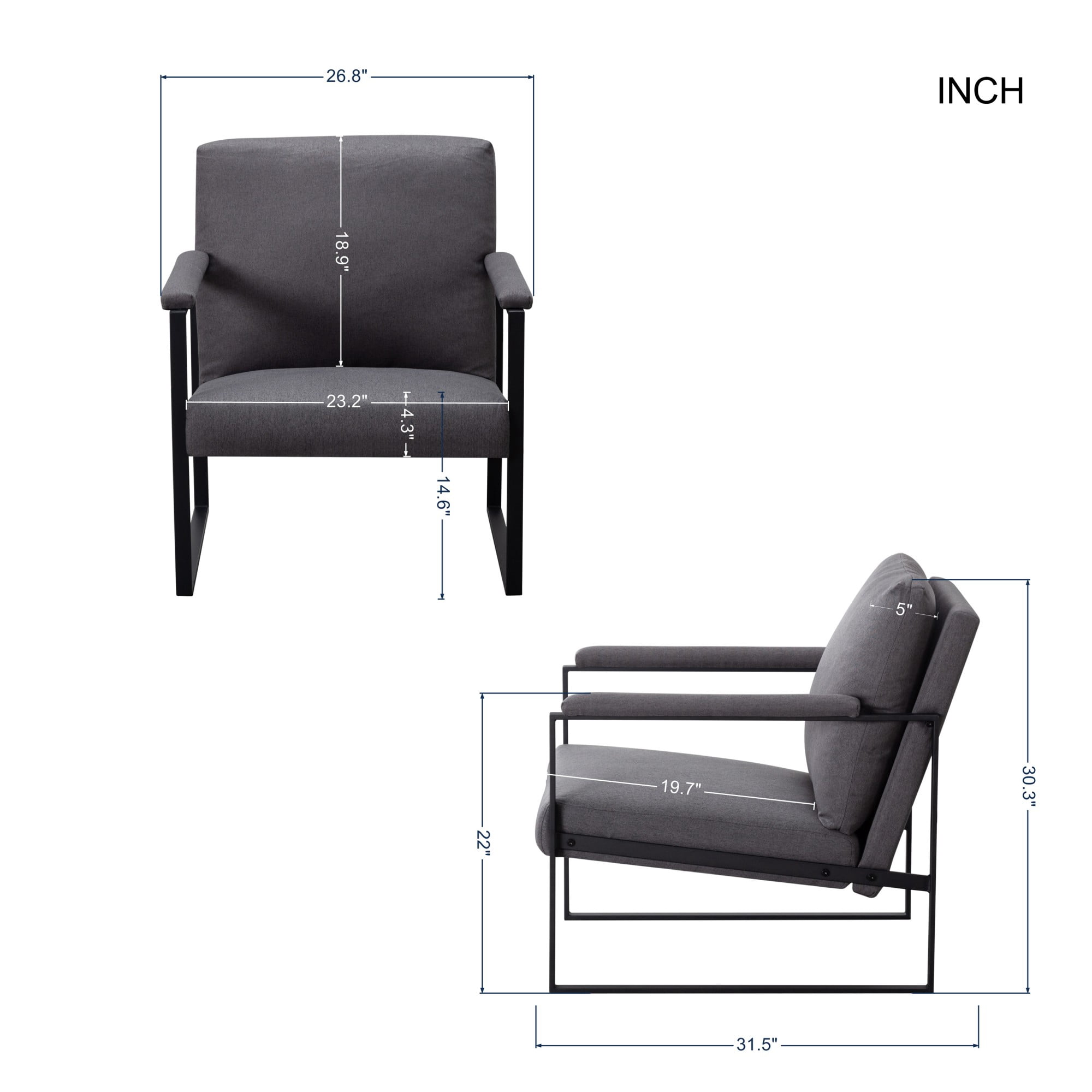 Gewnee 26.8”Metal Frame Accent Armchair,Single Sofa Chair with Scratch-Resistant Foot Pads & Detachable Washable Backrest,Suitable for Study Rooms and Bedrooms.(Dark Grey)