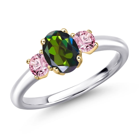 Gem Stone King 10K Two Tone Gold Tourmaline Green Mystic Topaz and Pink Lab Grown Diamond Engagement Ring for Women | 1.16 Cttw | Oval 7X5MM | Gemstone November Birthstone | Size 8