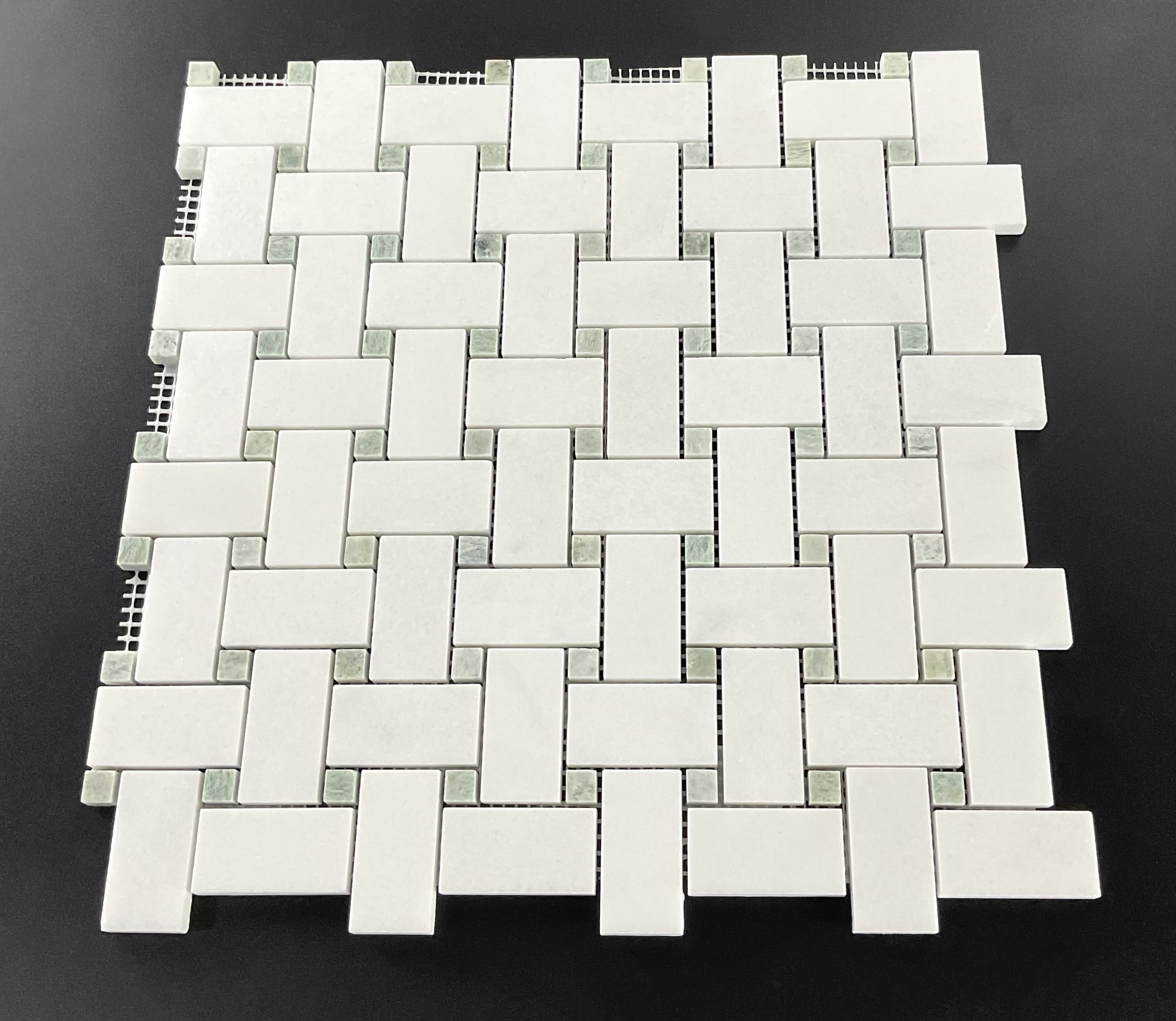 10-Pieces of 1" x 2" Thassos White and Ming Green Dot Marble Basketweave Mosaic Floor and Wall Tile