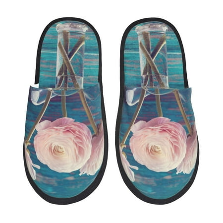 Balery Flowers in Glass Vase Slient Indoor Furry Fleece Comfort House Shoes Soft Non-Slip Home Shoes Cotton slippers House Slippers-- Medium