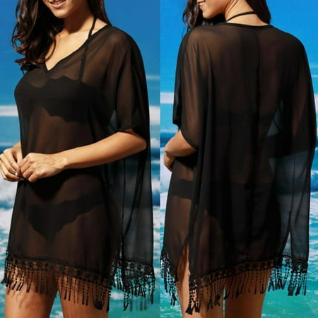 Sheer Sexy Bikinis - Sexy Women Summer Sheer Mesh Kaftan Bikini Cover Up Lace Tassel Swimwear Beachwear Mini Dress Plus Size