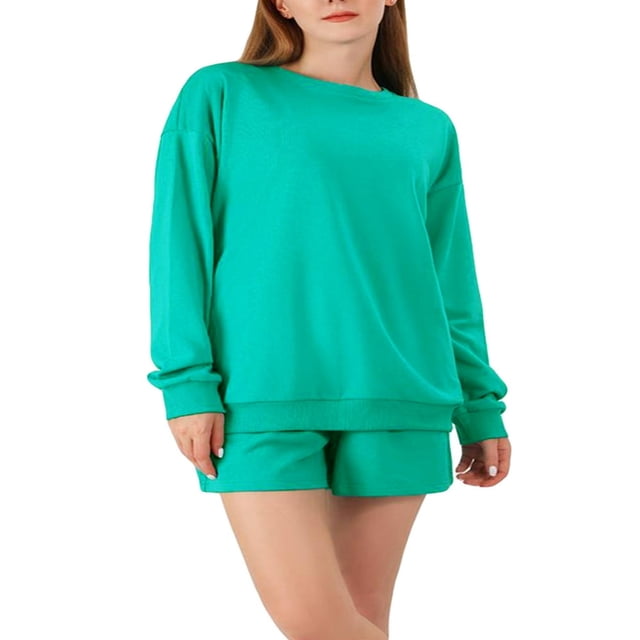 Ensemble Automne 2 Pcs pour Femmes Chandail en Molleton Col Rond et Shorts