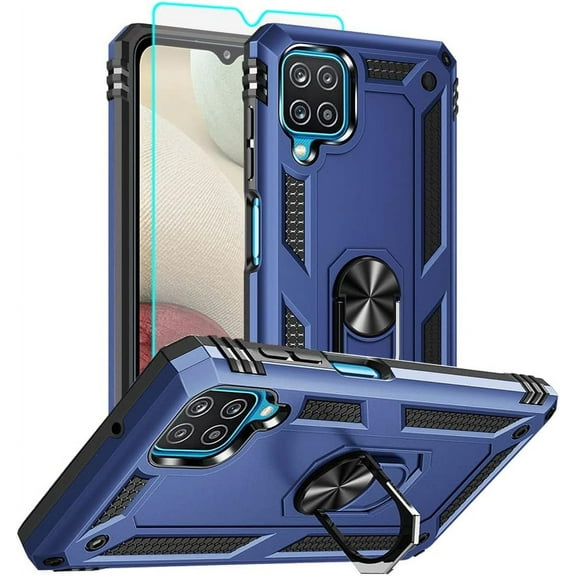 for Samsung Galaxy A12 Phone Case, Samsung A12 Case with HD Screen Protector, [Military Grade 16ft. Drop Tested] Ring Shockproof Protective Phone Case for Samsung Galaxy A12,Blue