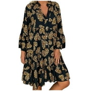 Hfyihgf Women's Summer Boho Tunic Dress Floral Printed Bell 3/4 Sleeve Casual Loose Button V Neck Ruffle Swing Mini Dresses Plus Size(Black,L)