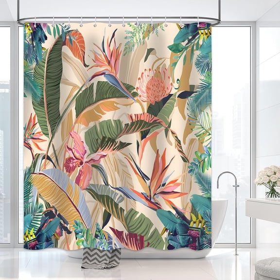 Tropical Leaf Shower Curtain, Palm Shower Curtain, Colourful Leaves Shower Curtain Set Waterproof Bath Curtain Spring Summer Bathroom Decor with 12 Hooks, 72x72 inches