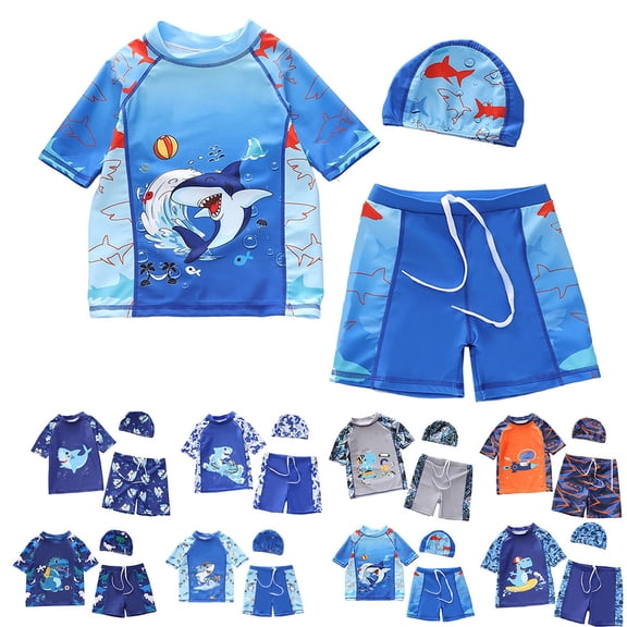 Gelikeya Toddler Swimsuit Boy 3 Piece Boy Swim Set Short Sleeve Boys Swim Shirt Boys Swim Trunks Hat Rash Guard Bathing Suits Orange 3-4 Years