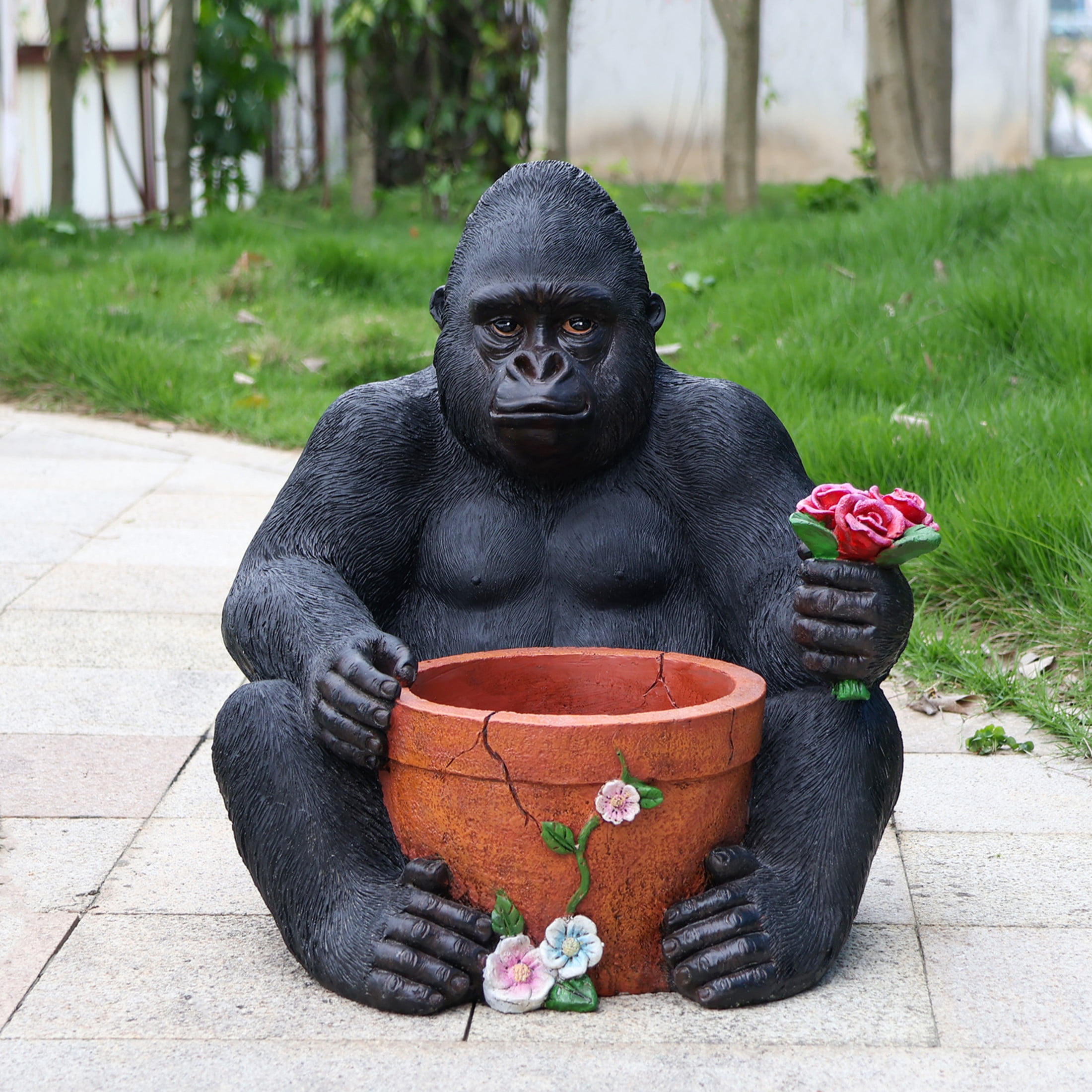 Noble House Sitting Chimpanzee Garden Planter Pot, Whimsical Resin Figurine Flower Pot for Outdoor Porch and Yard Decor, Multicolor
