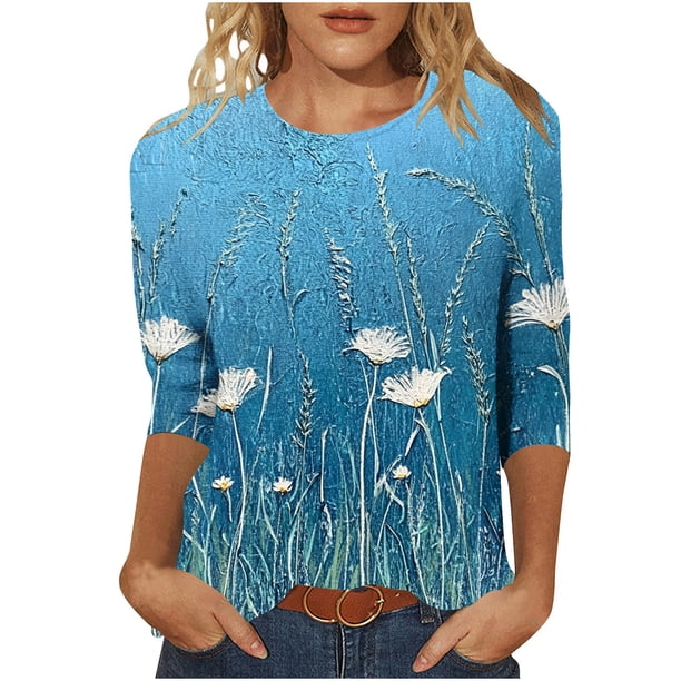 Camiseta Casual Suelta de Cuello Redondo Impresa para las Mujeres, Camisetas Casuales de Manga 3/4 para las Mujeres de Uso Diario