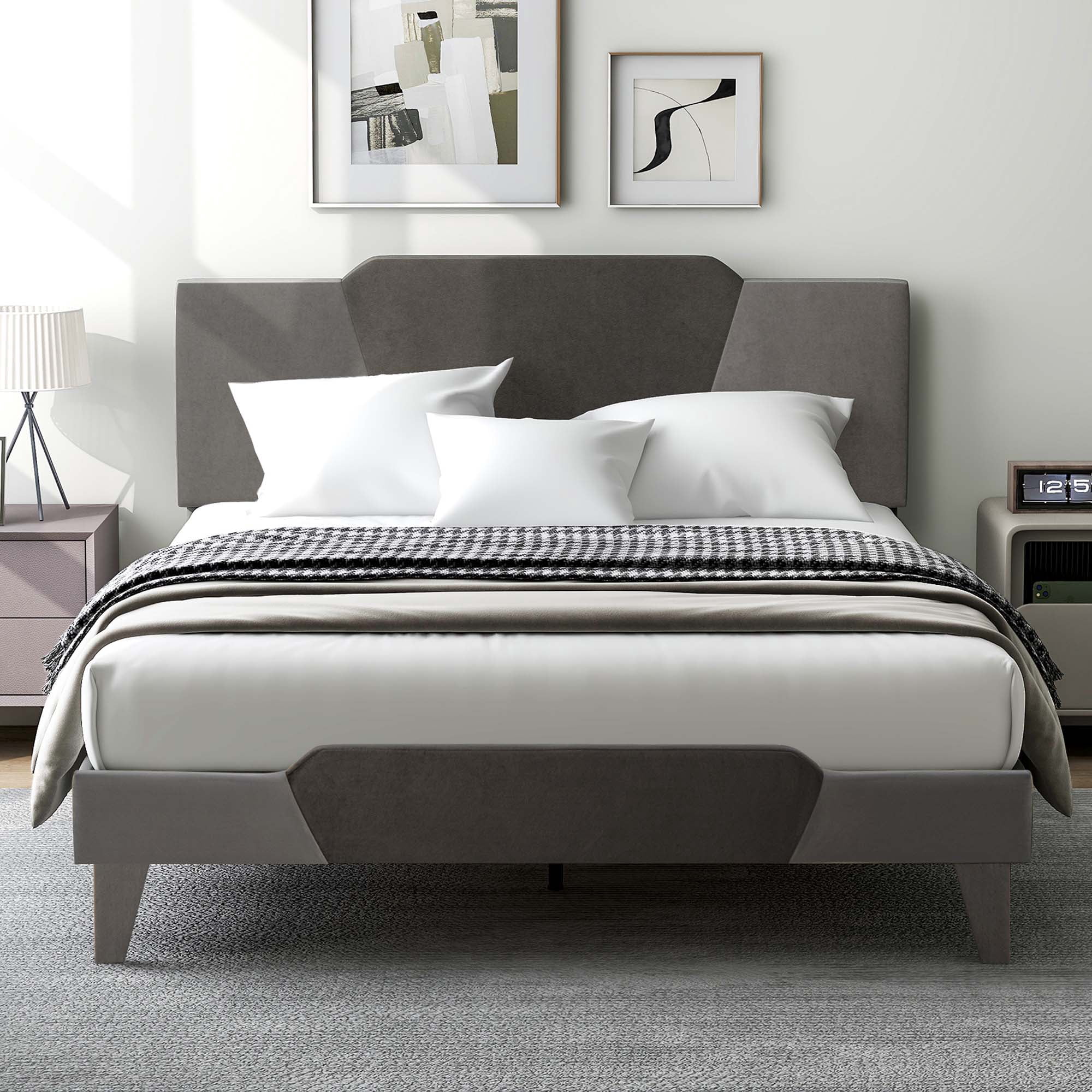 Costway Queen Size Upholstered Platform Bed Frame Velvet Headboard Mattress Foundation