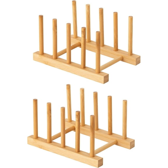2 pcs Bamboo Dish Plate Bowl Cup Book Pot Lid Cutting Board Drying Rack Stand Drainer Storage Holder Organizer Kitchen Cabinet（Keep Dry）