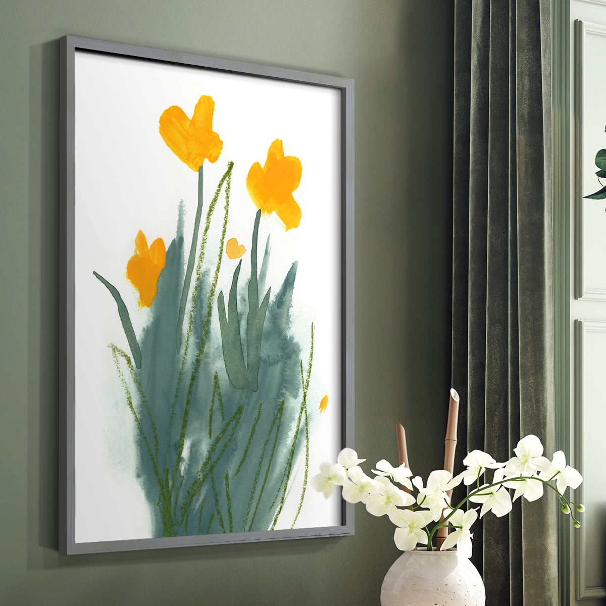 Daffodil Bunch I Framed Print in Gray Solid Wood Framed Print No Nail Hanging