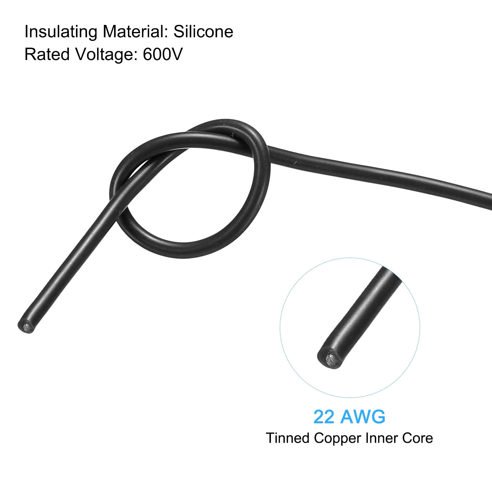Silicone Wire 22AWG 22 Gauge Flexible Tinned Copper Standard High-Temperature Hookup Wire Black 75m/246ft