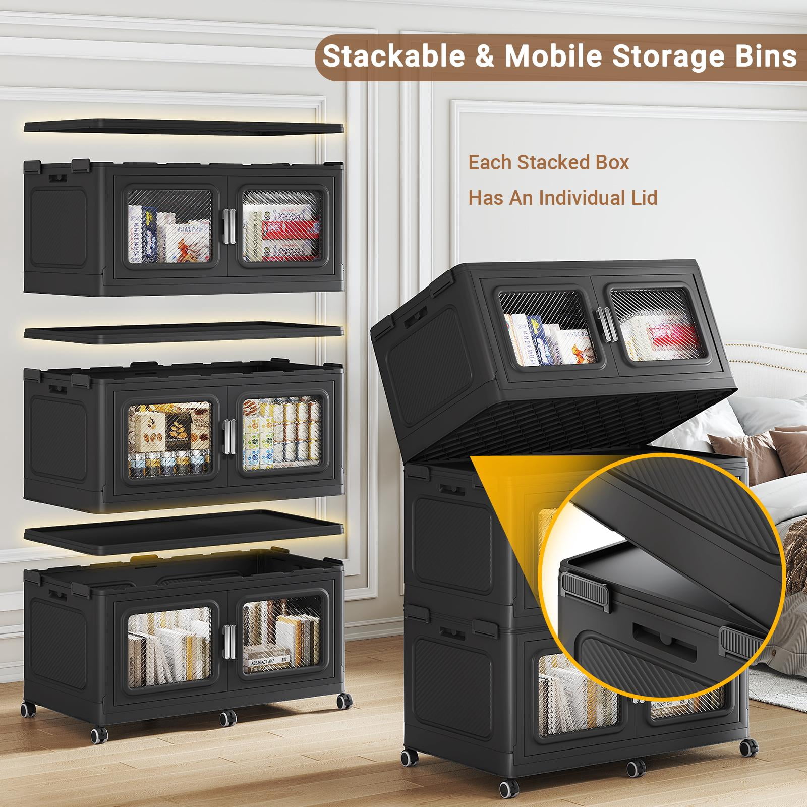 BROVIEW 300Gal Extra Large Storage Bins with Lid, 1200Qt Plastic Stackable Storage Bins with Wheels, Collapsible Closet Organizer and Storage Drawers, Storage Cabinets for Home, Office, 4 Pack, Black