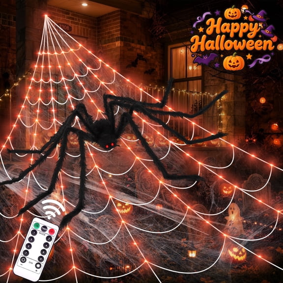 Scidweet Halloween Decorations Outdoor, 350 LED Halloween Spider Web Lights with 79" Large Spider for Outside Garden Yard Home Decor, Orange