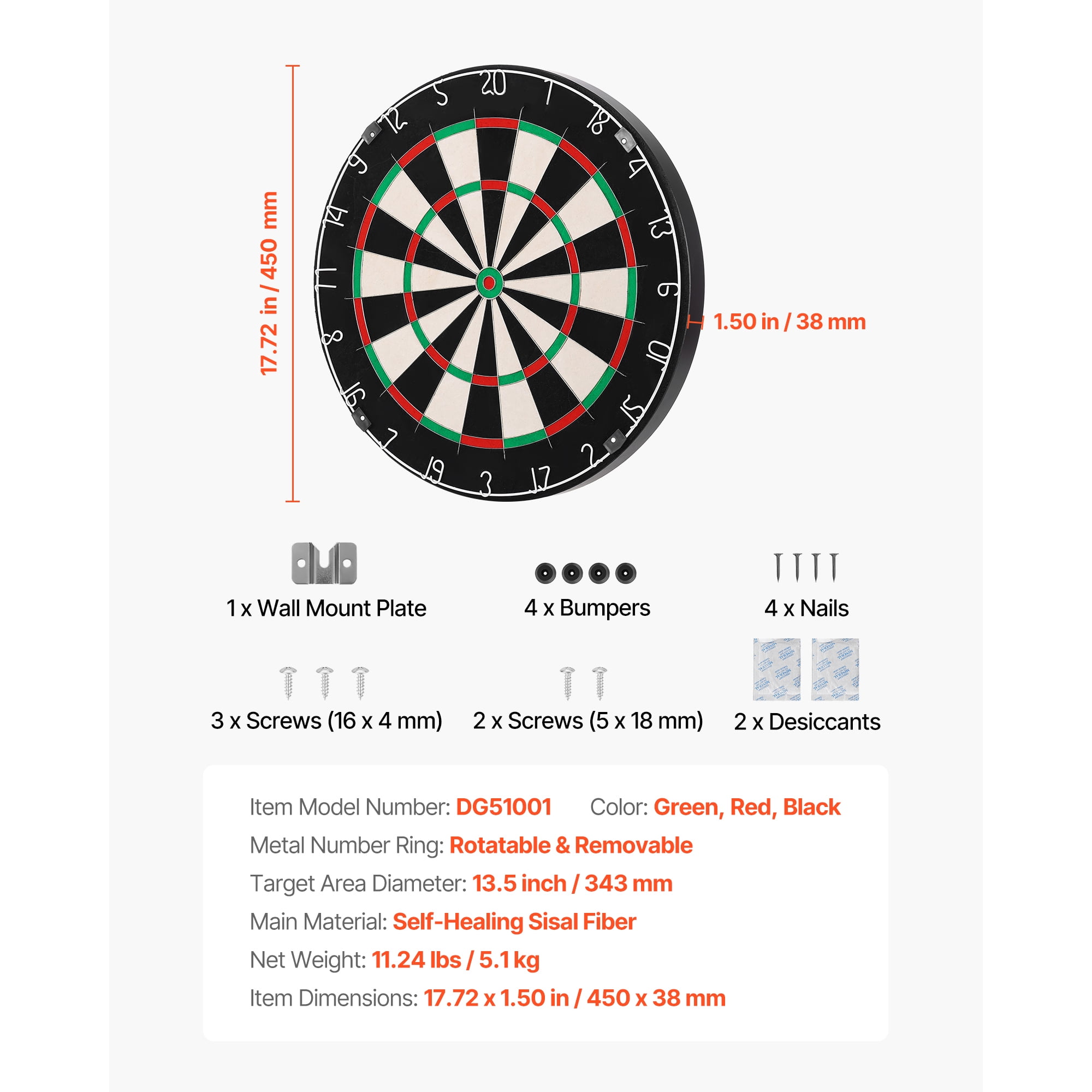 KFFKFF High-Quality Self-Healing Sisal Fiber Dartboard with Staple-Free Bullseye, Blade Wire & Rotating Number Ring, 17.7" Dartboard for Home Entertainment and Game Rooms (Darts Not Included)