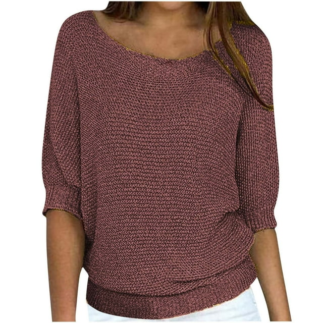 Mrat Chandail à Rayures pour Femme Col Rond Chandails en Tricot Chandail au Crochet Chandail Fendu Chandail Confortable à Manches 3/4 pour Femme Chemise Brun G