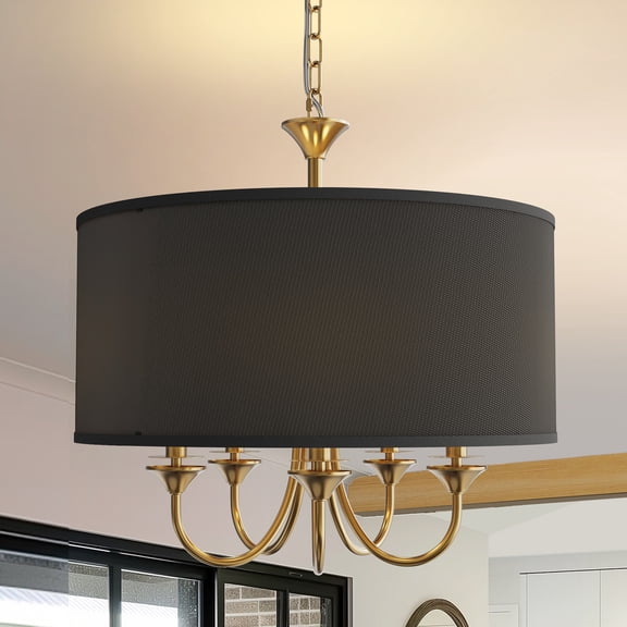 YANSUN 20 in 5-Light Gold Candle Style Empire Chandelier with Black Fabric Shade for Living Room, Bedroom,Dining Room,Foyer,Kitchen Island