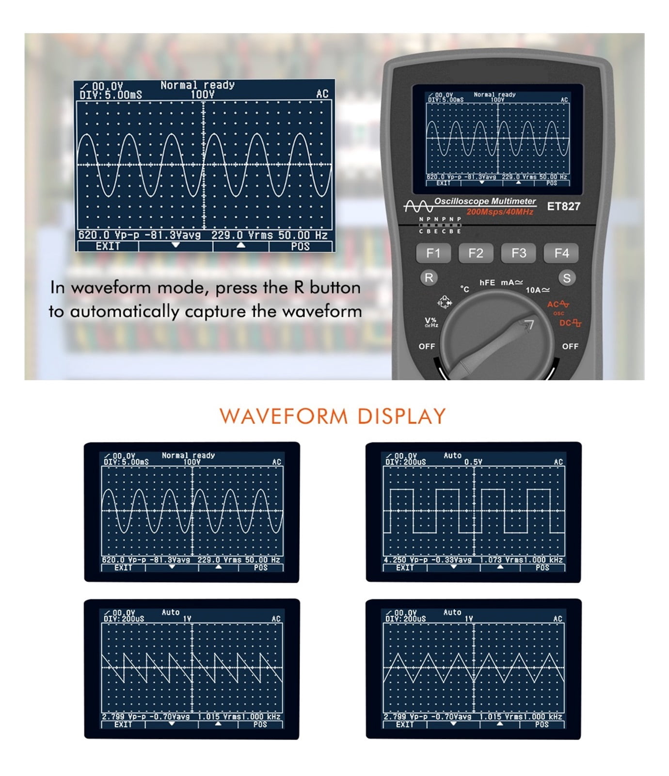 ET827 Digital Oscilloscope 40MHz Bandwidth 200 Msps Sampling Rate 2 in 1 Handheld Oscilloscope Multimeter ,Professional Designed