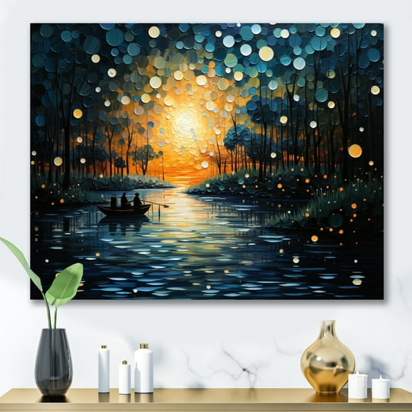 Designart Yellow Modern Canvas wall art, Pointillism Wall Art, Painting River At Sunrise , pointillism Wall art decor, 32x24 inches