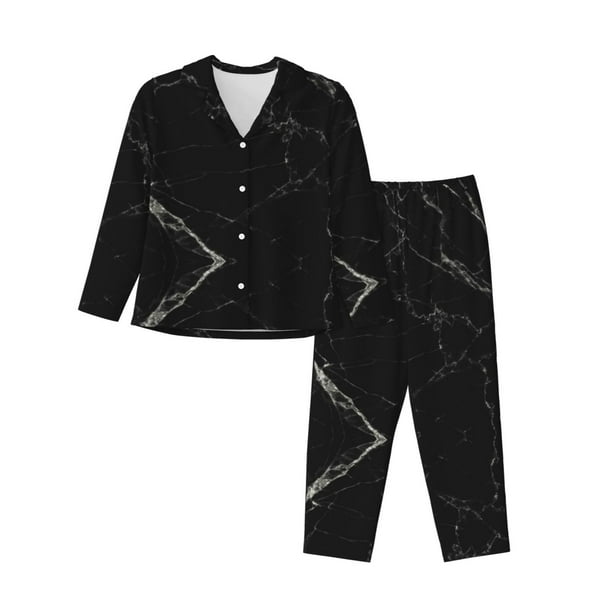 Balery Black Marble Texture Abstract Conjunto de Pijama con Estampado para Mujer, Conjunto de Dos Piezas con Manga Larga, Ropa de Dormir Suave con Bolsillos, Pijamas Cómodos-Medium