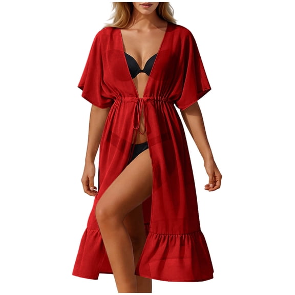 YSUEJPF Bathing Suit Cover Up for Women Sheer Chiffon Swimsuit Coverup Tie Front Beach Kimono Cardigan