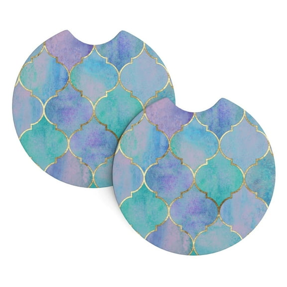 2 Package Car Coasters Drink Absorbable Rubber Base Cup Holder Coasters Non-Slip Coasters Bar Coasters Car Interior Accessories 2.7 Inches Vintage Moroccan Plaid Gold