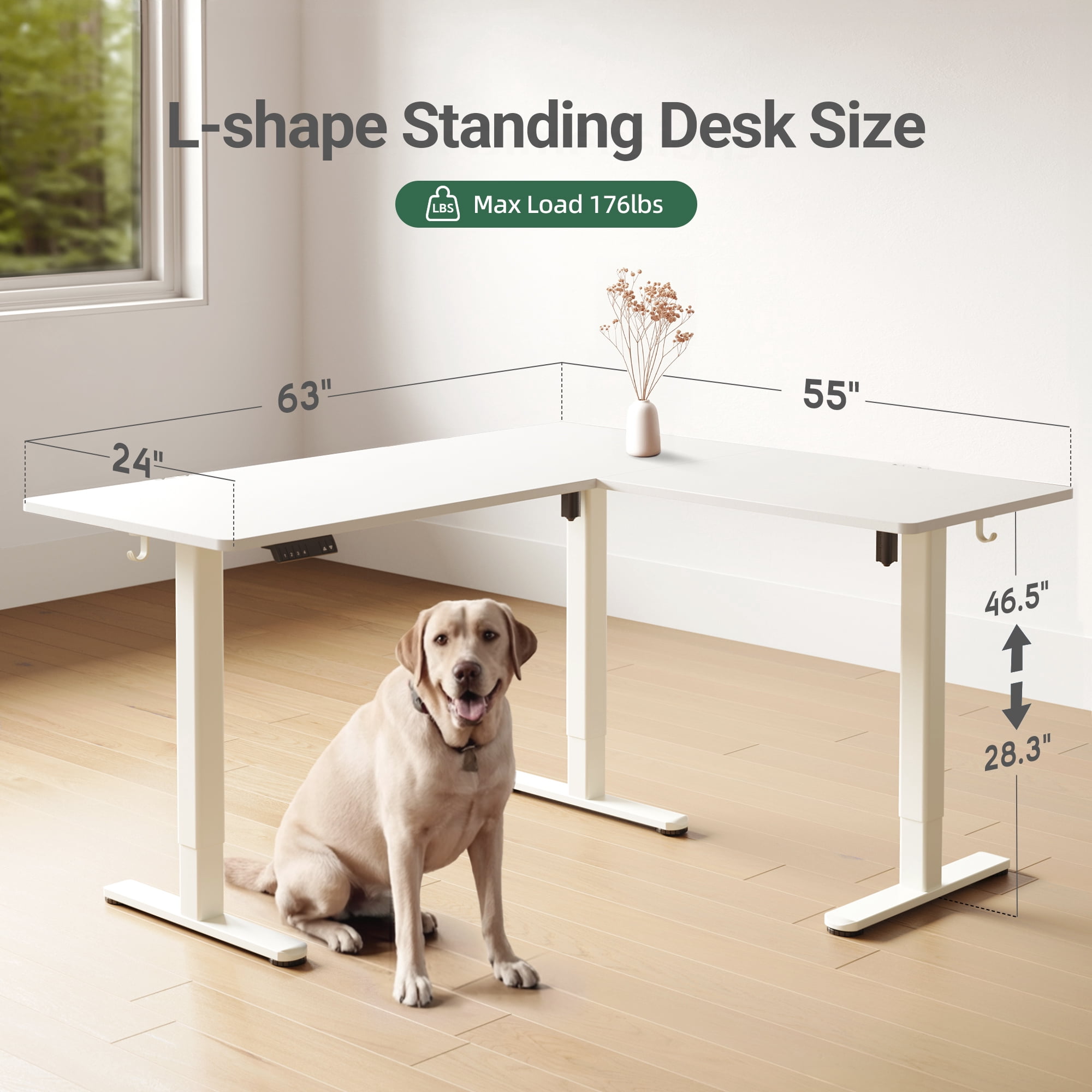 INNOVAR L Shaped Standing Rolling Desk - 63x55 inch Adjustable Height Electric Dual Motor Corner Desk - Large Home Office Sit to Stand up Computer Desk for 2 People W/Preset Memories, White