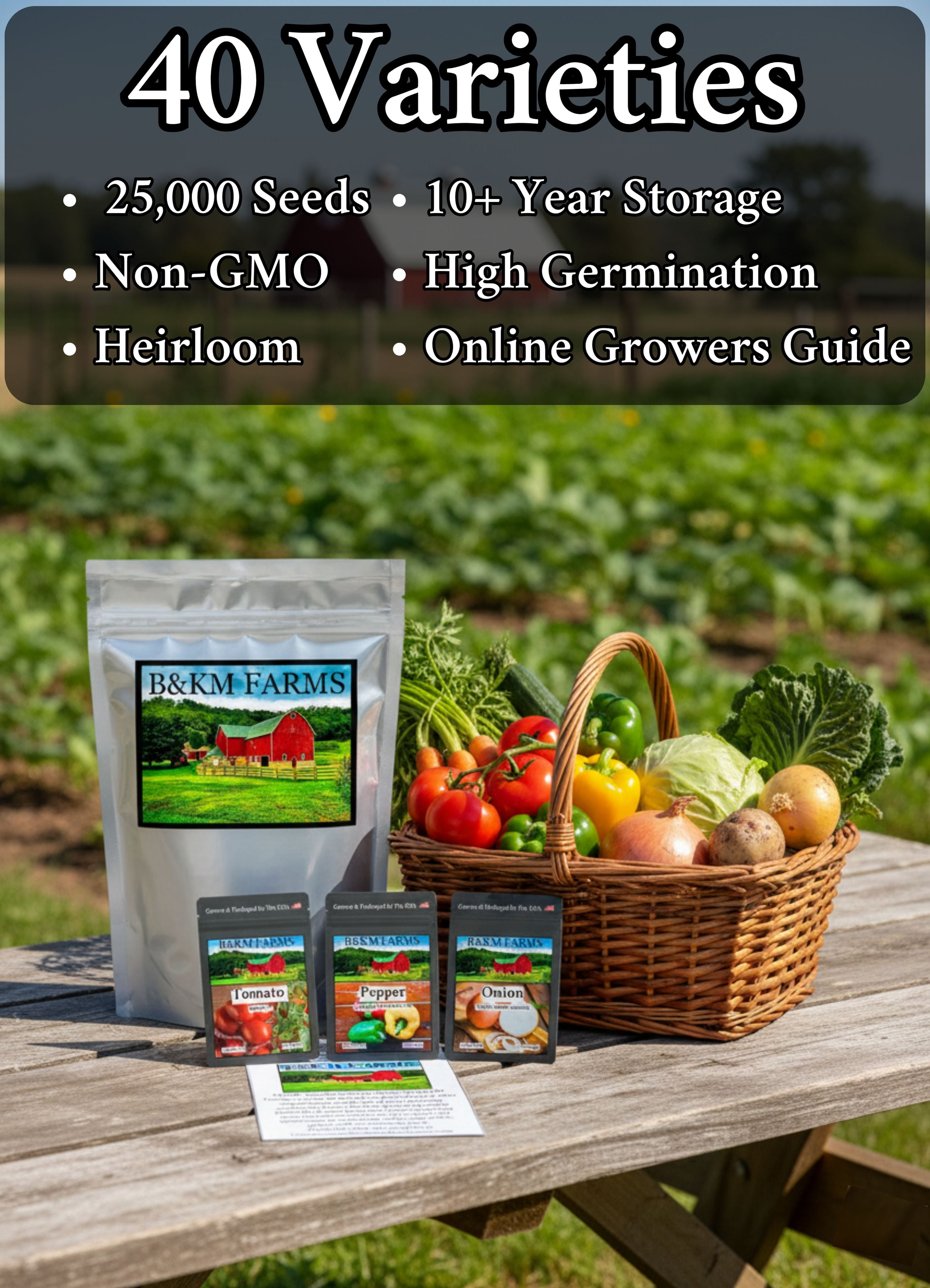 40 Vegetable, Herb & Melon Plant Seeds, Heirloom, Non-GMO, Non-Hybrid