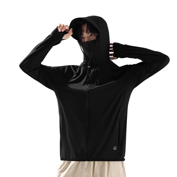 GUZOM Mens UPF 50 Sun Hoodie with Detachable Face Mask - Lightweight Quick Dry for Hiking Fishing - Thumbholes Zip Pockets Black S-5XL,Size 5XL