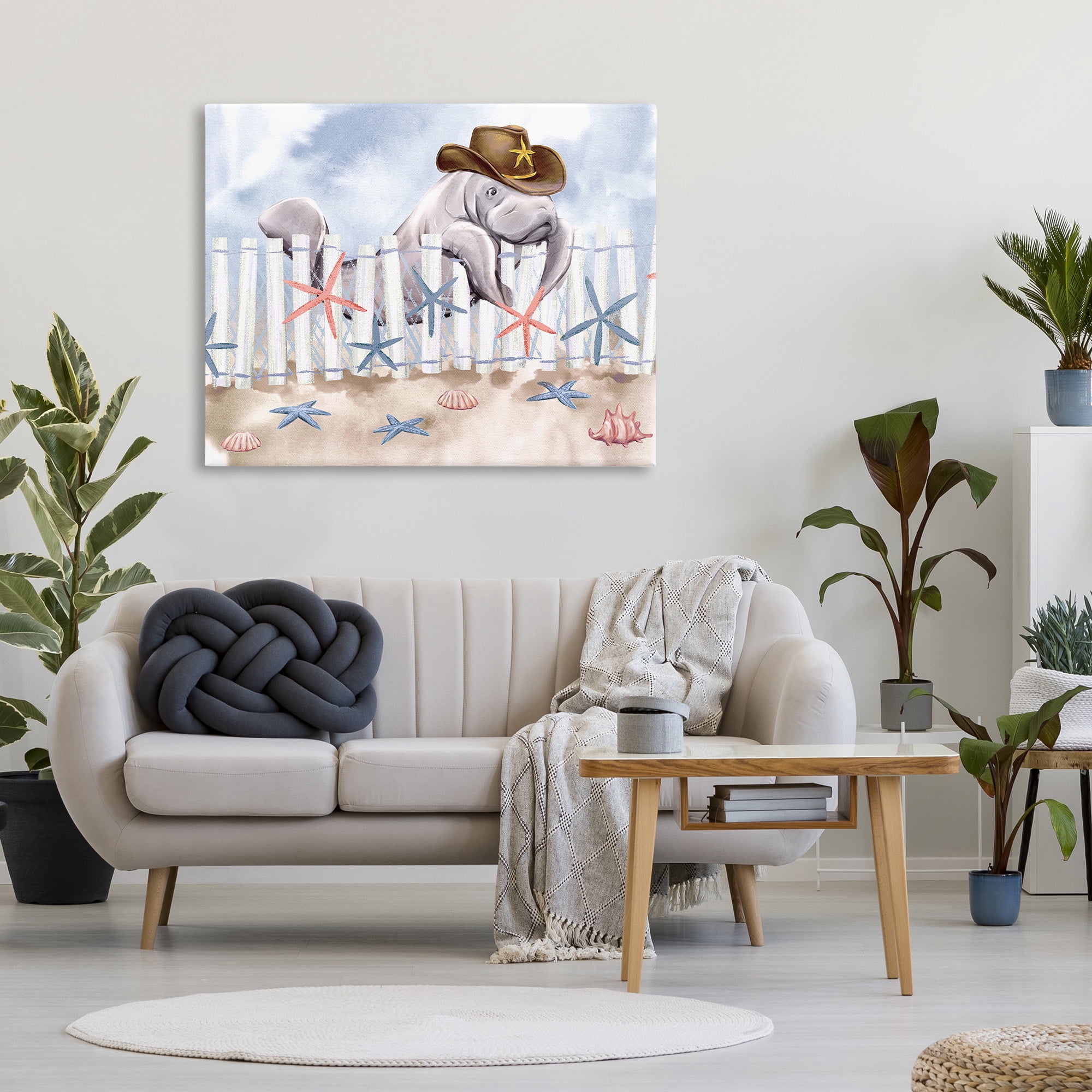 Stupell Industries Manatee in Cowboy Hat Animals & Insects Painting Gallery Wrapped Canvas Art Print Wall Art, 48 x 36