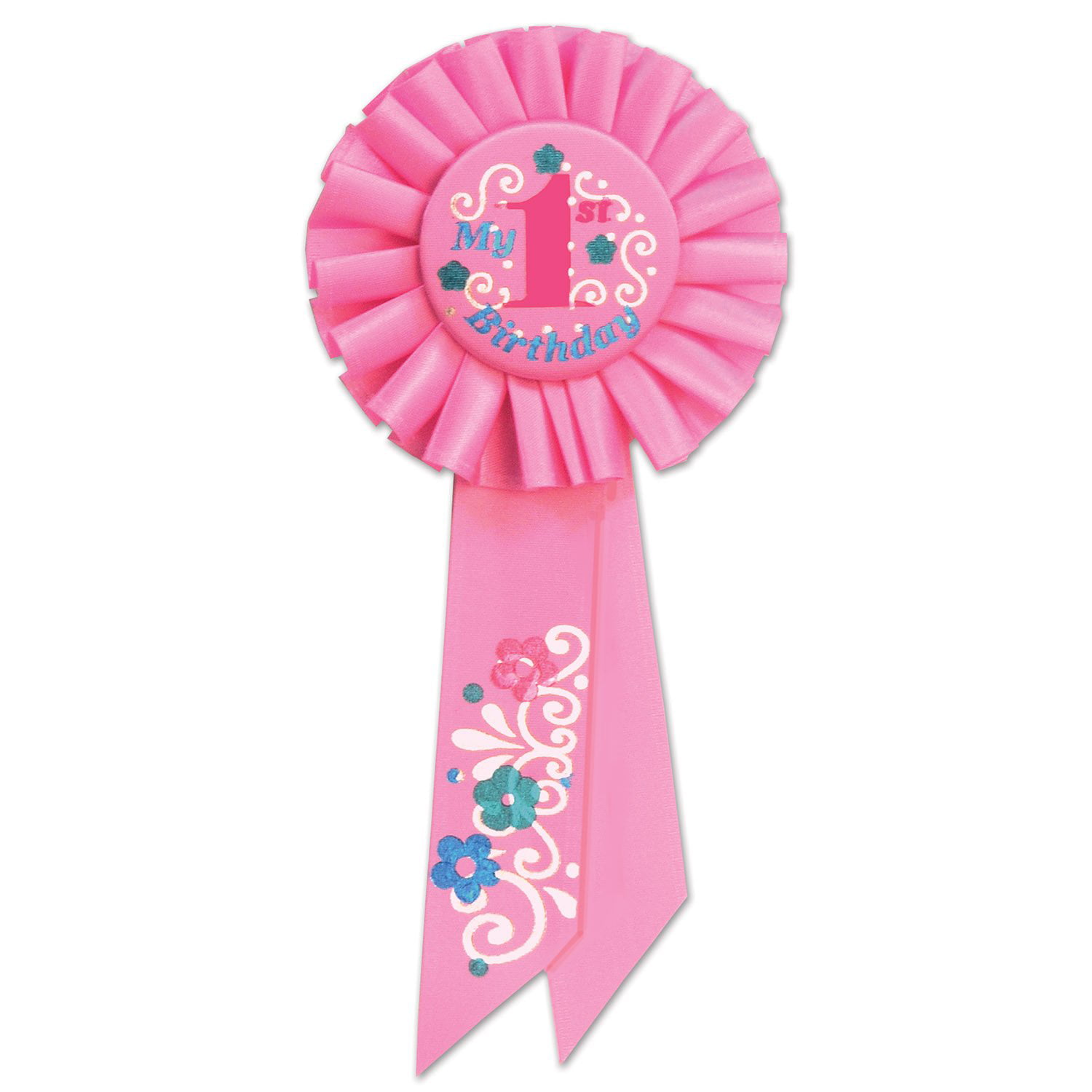 Happy "Birthday Girl" Award Badge Ribbon Pin Hot Pink with Flowers Party Acc. 