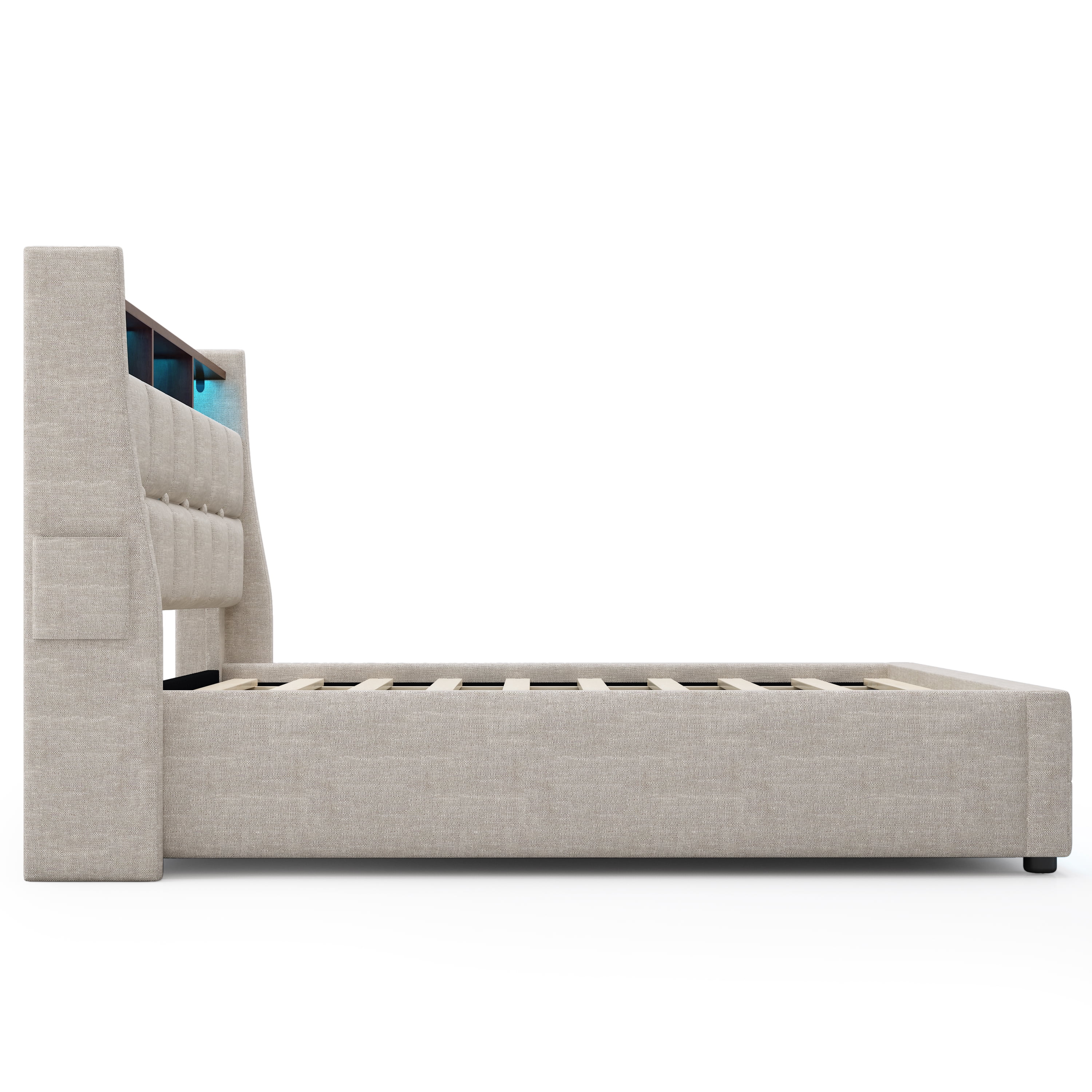 Queen size Platform bed with Hydraulic Storage, LED and Charging Station, No Box Spring Needed