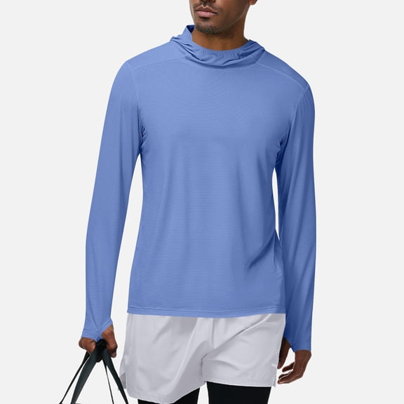 KIHOUT Men's UPF 50 Hooded Sun Protection Long Sleeve Shirt with Thumb Hole Cuffs Quick Dry Breathable Stretch Mesh Fabric for Running Gym Fishing Hiking Outdoor Casual Athletic Top