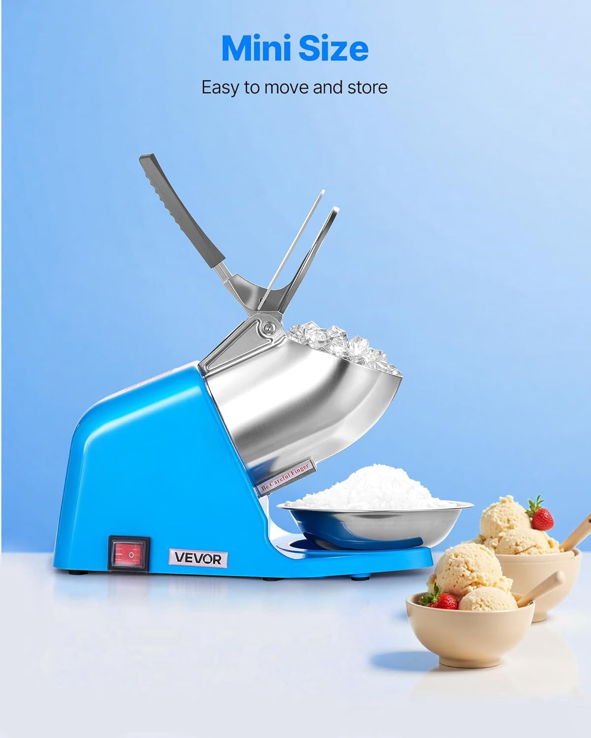 Ice Crusher , 286lbs Per Hour Electric 4 Blades Snow Cone Maker, Stainless Steel Shaved Ice  with Bowl and Cover, 300W 2000RPM Ice-Shaver for Home and Commercial Use, Blue