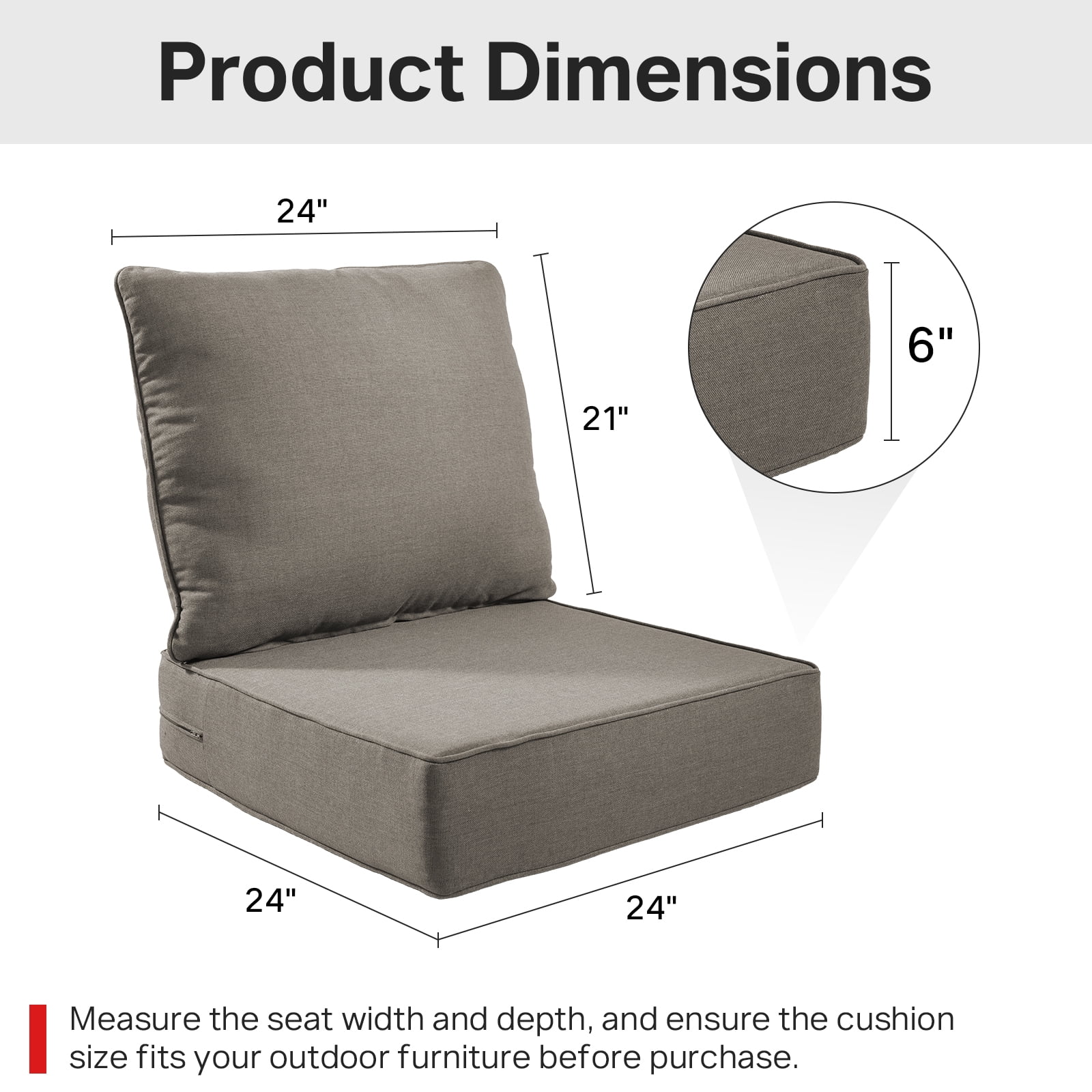 Opohoro Outdoor Deep Seat Cushion Set, 24"x24"x6", Water Resistant & UV Resistant Comfortable Furniture Cushions for Patio Chair, Sofa, Loveseat