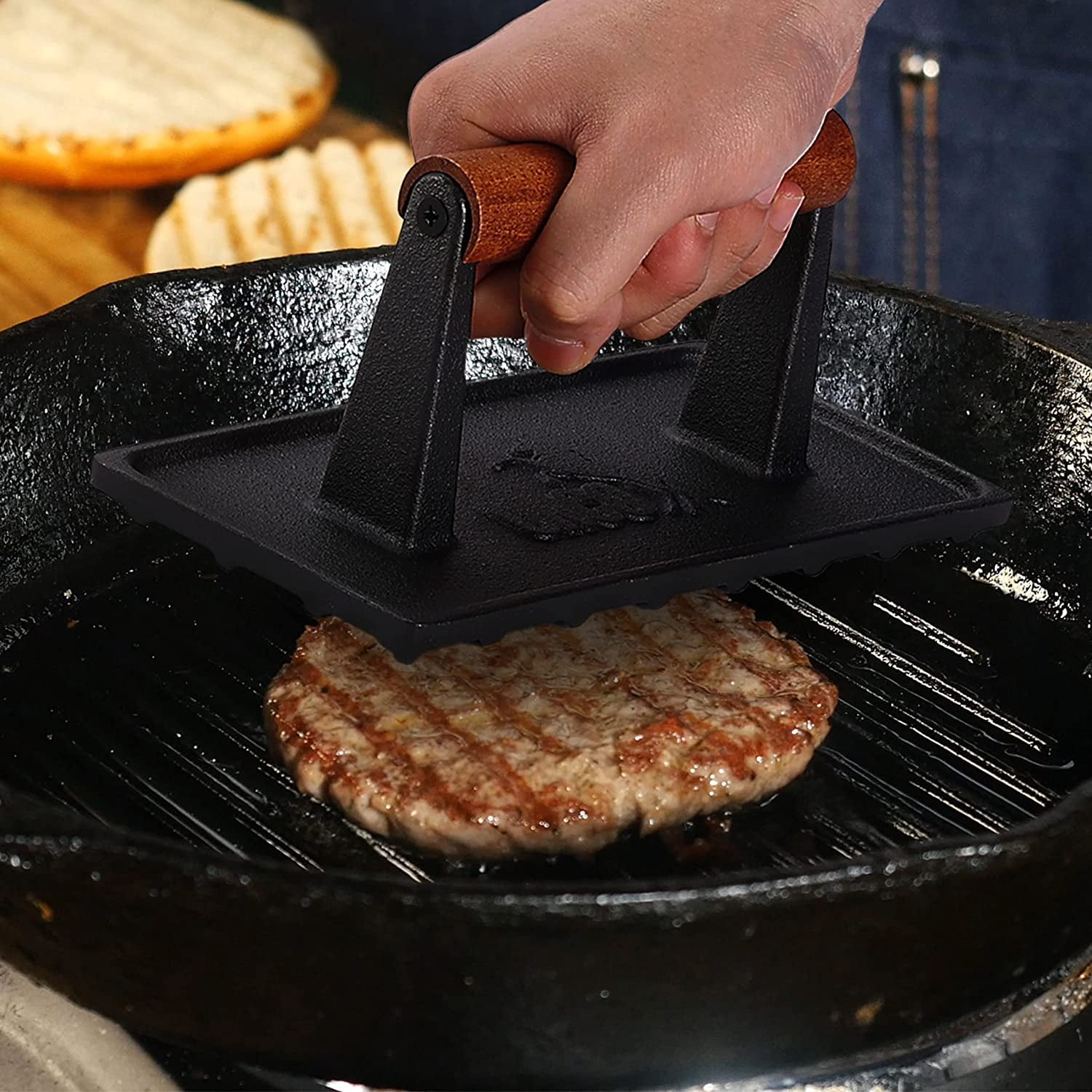 Grill Press Cast Iron Burger Press For Bacon Steak & Hamburgers