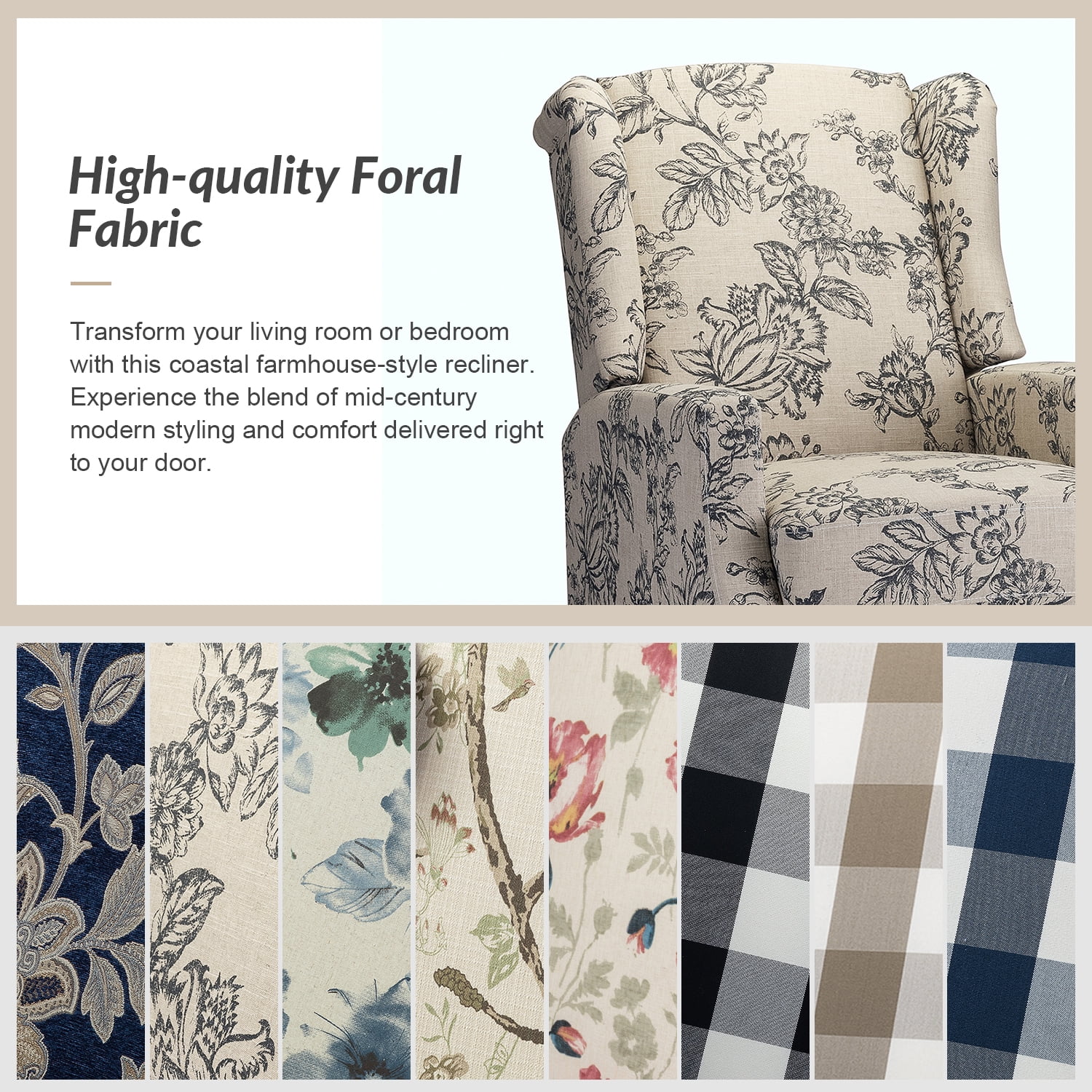 Traditional Manual Recliner Chair Push Back Upholstered Wingback Fabric Living Room Indigo