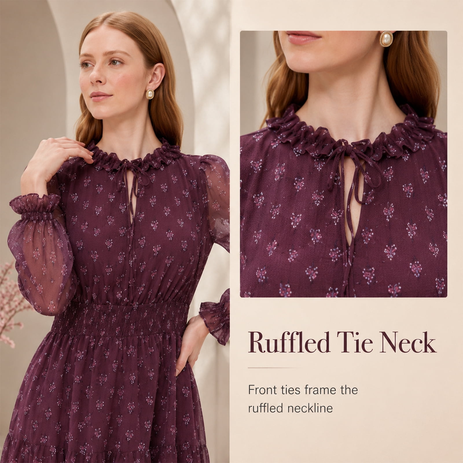 Alvantor Women's Midi Dress, Long Sleeve Ruffle Tie Neck Smocked Waist Tiered Jacquard, Burgundy Multi