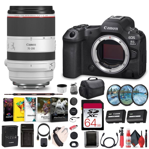 Canon EOS R5 Mark II Mirrorless Camera, 45MP, Full-Frame Hybrid Camera, 8K Video (6536C002)   Canon RF 70-200mm f/2.8L Lens   64GB SF-M Tough Series Memory Card   Bag   More (International Version)