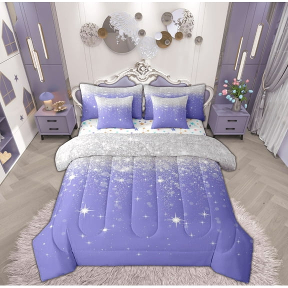 Feelyou Glitter Sequin Print Twin Bedding Sets 7-Piece for Female, Cartoon Dreamy Stars Print Bedding Comforter Set, Modern Fashion Reversible Sheet Sets, Lightweight Room Decor