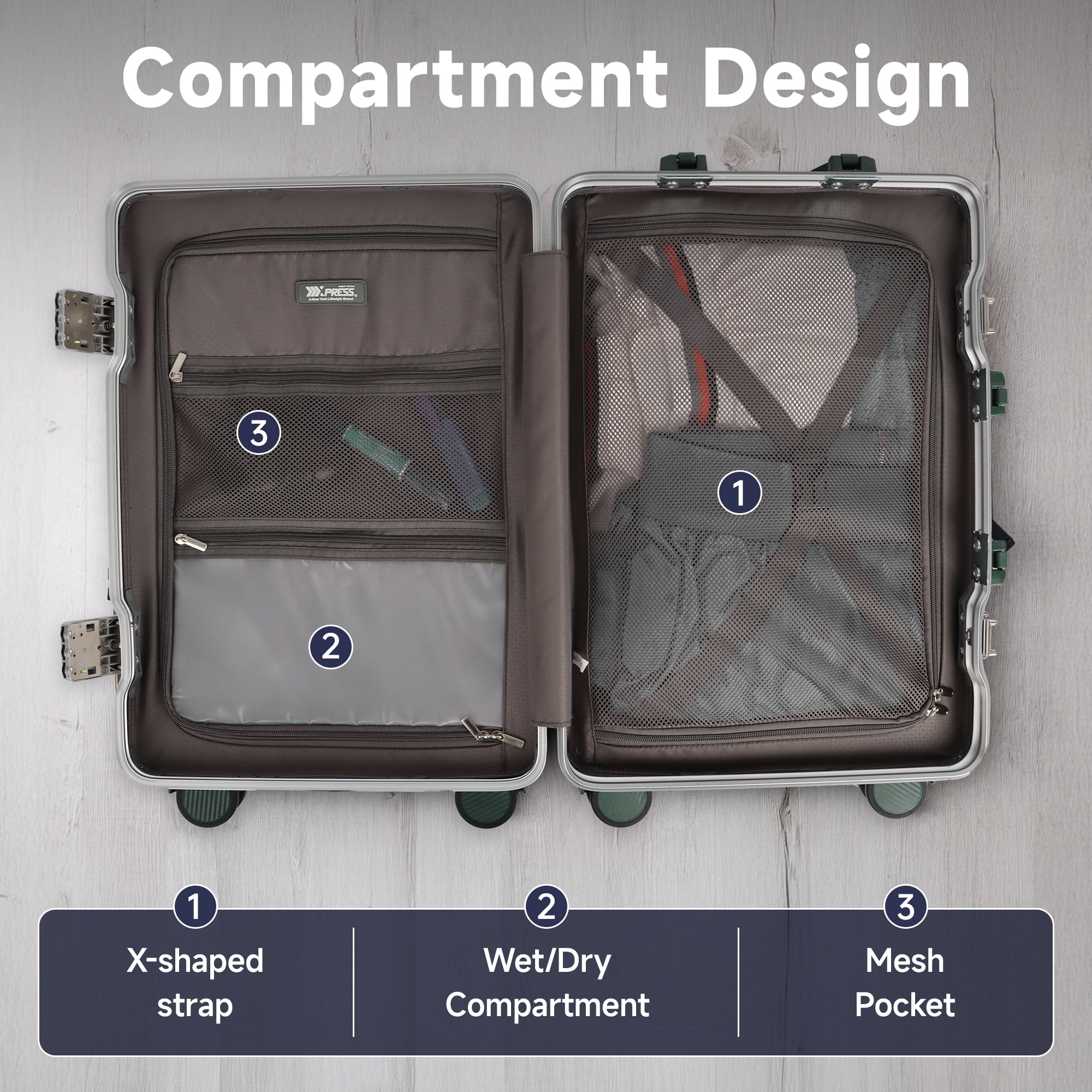 New York Xpress 20" Zipperless Carry-on Luggage Hardside Suitcase with Double TSA Lock & Aluminum Frame, Green - AL1377
